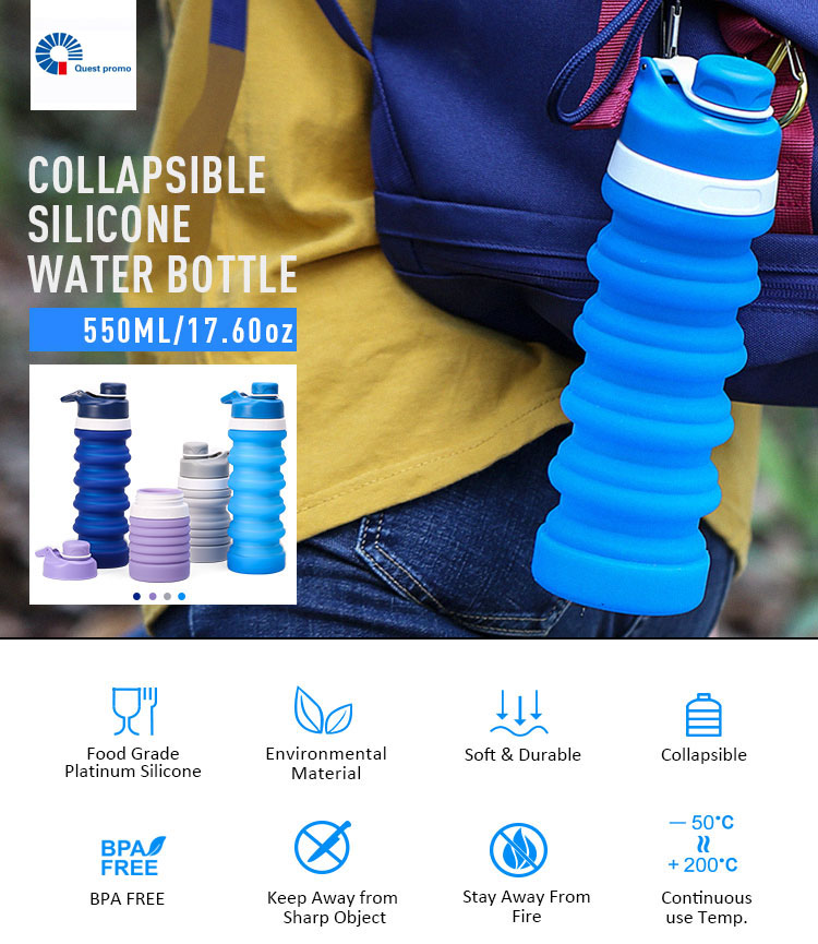 Environmentally Friendly Collapsible Silicone Bottle Customized Logo (17.6 OZ/550ML)